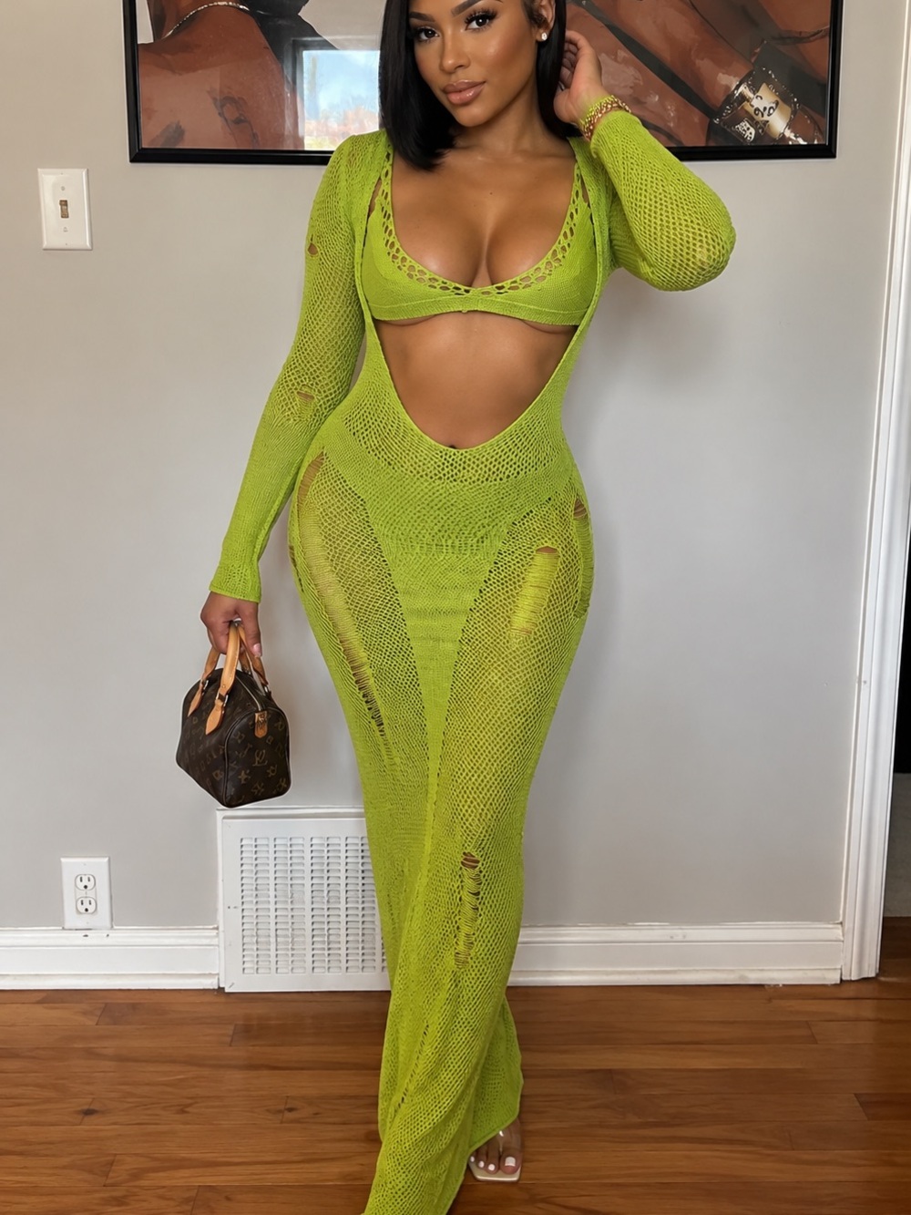 2 piece set Long Sleeve Maxi Dress in Lime Green med bra/ large dress